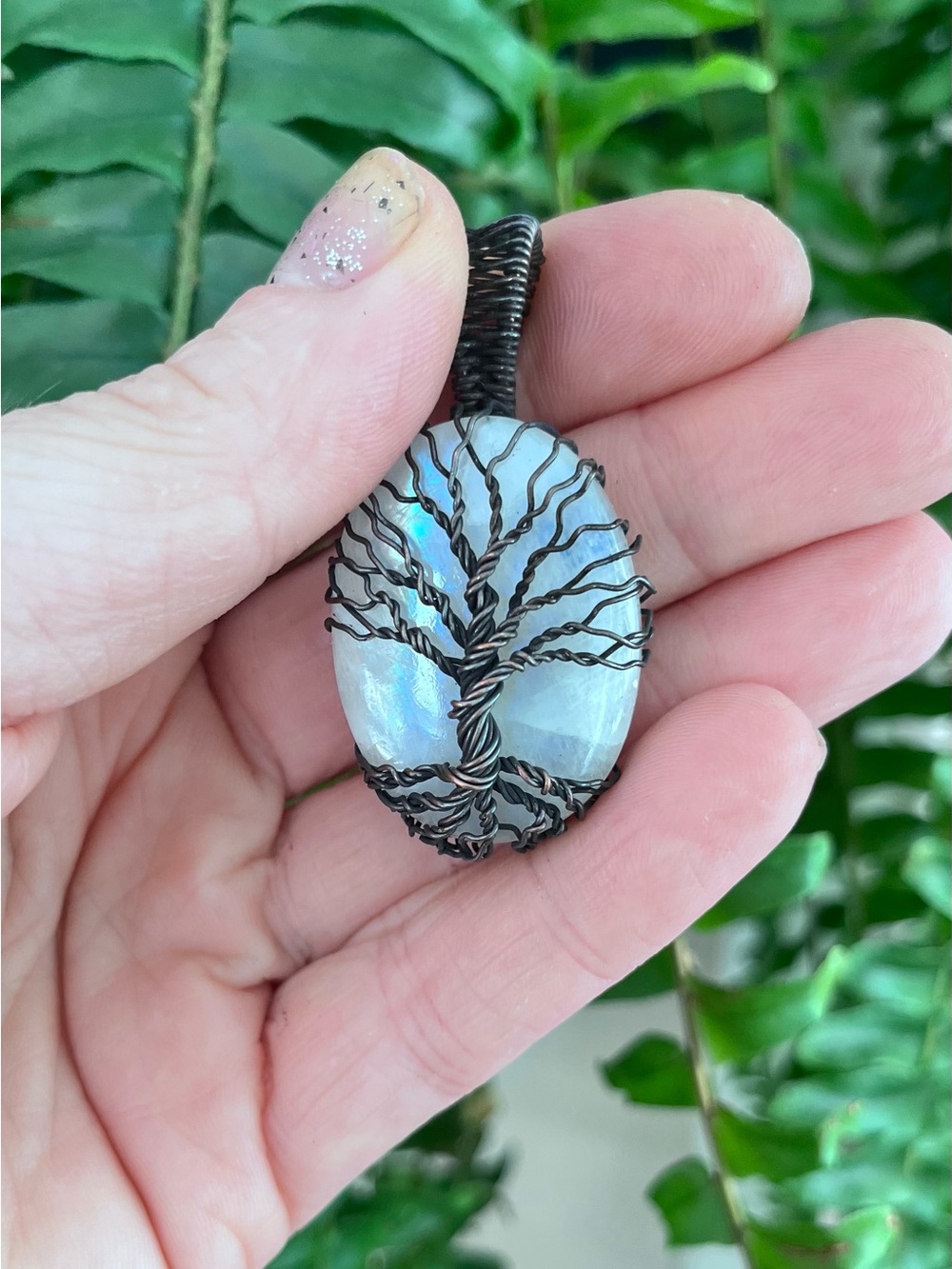Handmade Moonstone Tree of Life Pendant - Iridescent White